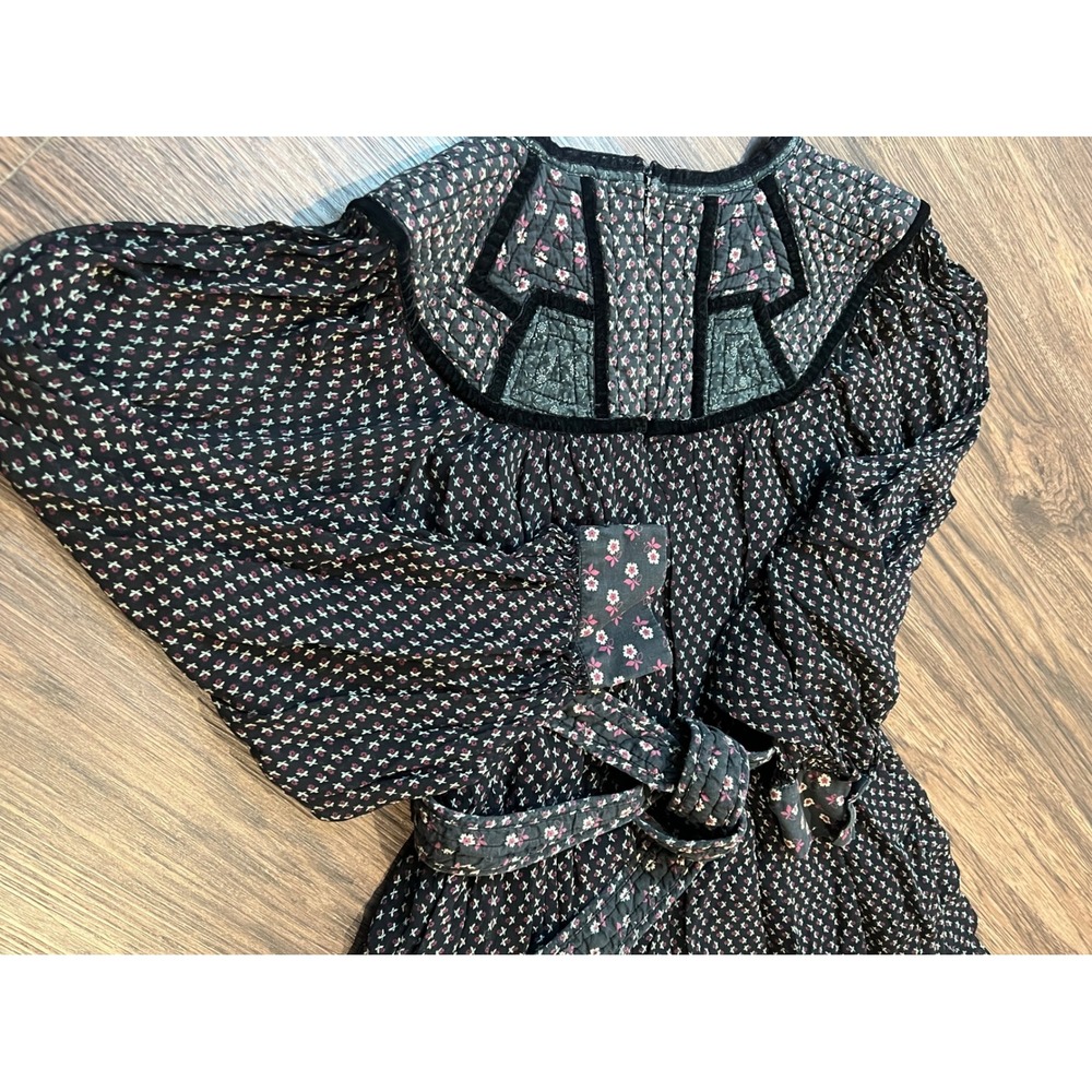 Sea New York Quilted Bib Floral Midi Dress Black Velvet Trim Long Sleeve Small - Picture 6 of 8